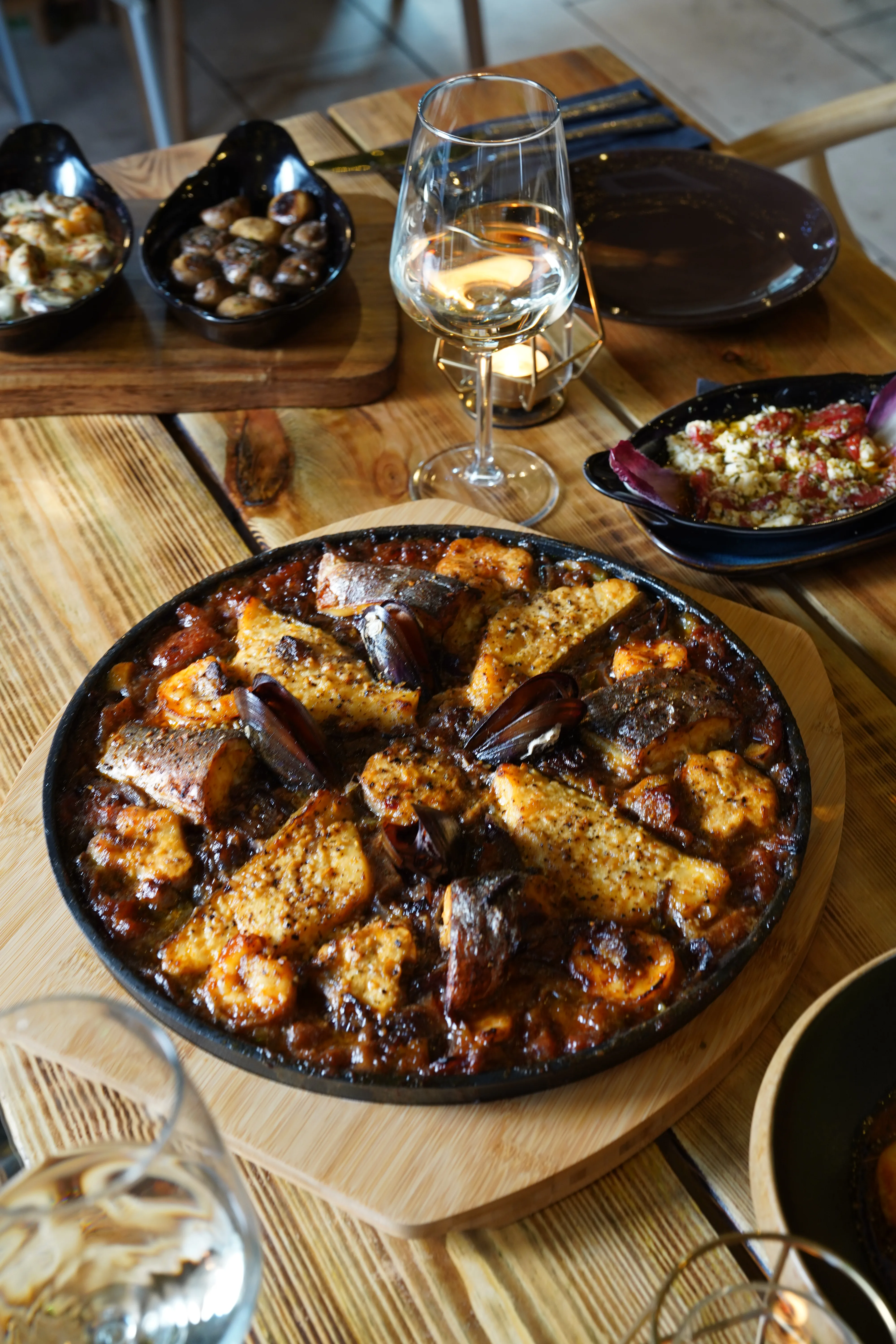 Close-up of mezze and warm flatbread
